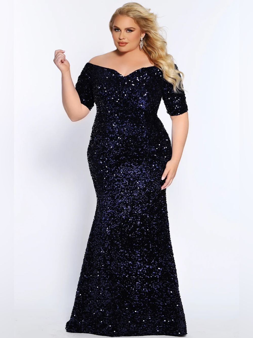 Sydney's Closet Indigo Sequin Off-Shoulder Gown